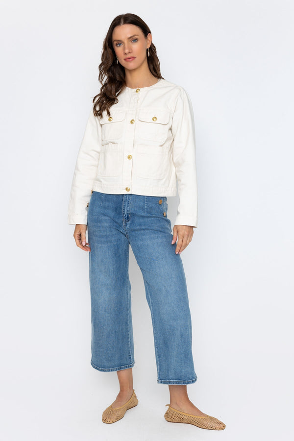 Carraig Donn White Denim Collarless Jacket With Gold Buttons