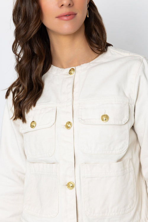 Carraig Donn White Denim Collarless Jacket With Gold Buttons