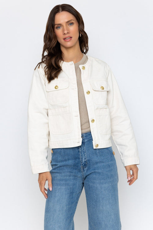 Carraig Donn White Denim Collarless Jacket With Gold Buttons