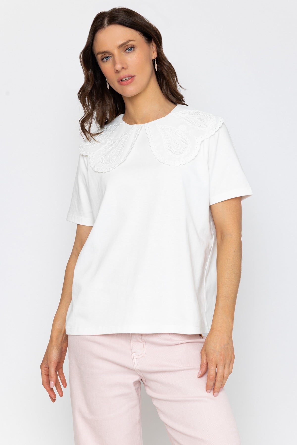 White Embroidered Collar T-Shirt