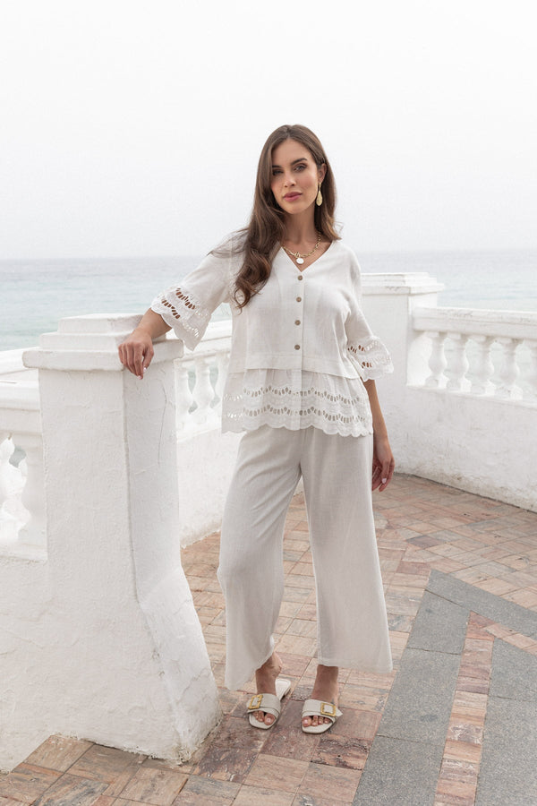Carraig Donn White Linen Blend Wide Leg Trousers