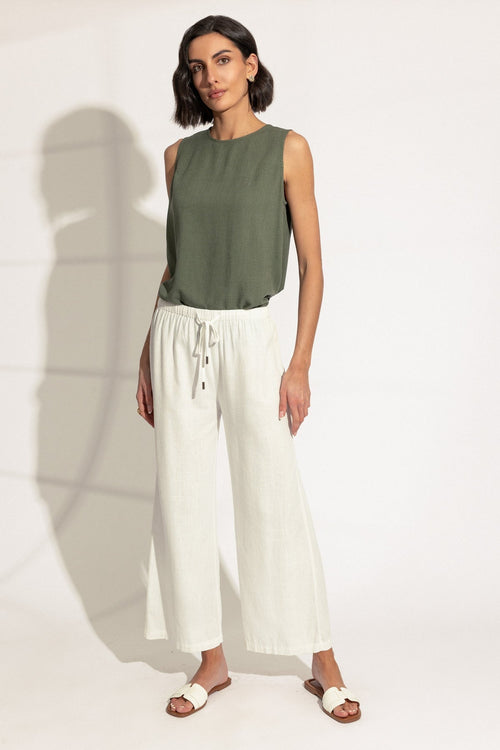 White Linen Blend Wide Leg Trousers