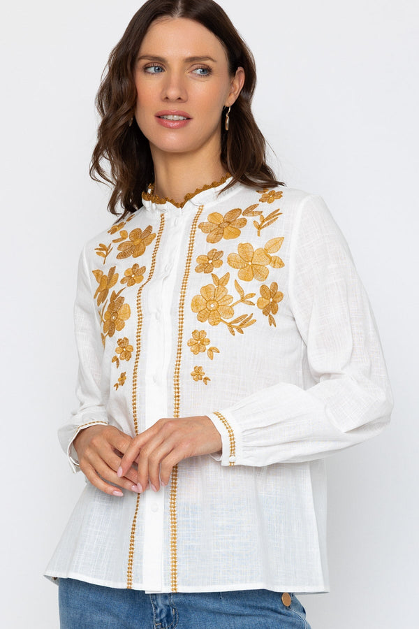 Carraig Donn White Long Sleeve Blouse with Floral Embroidery