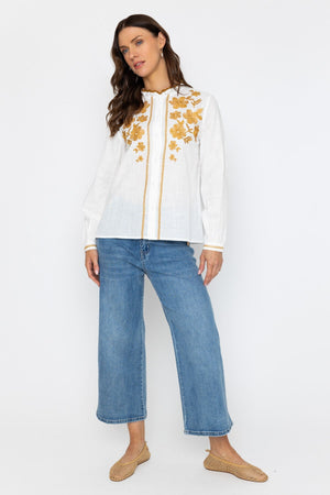 Carraig Donn White Long Sleeve Blouse with Floral Embroidery