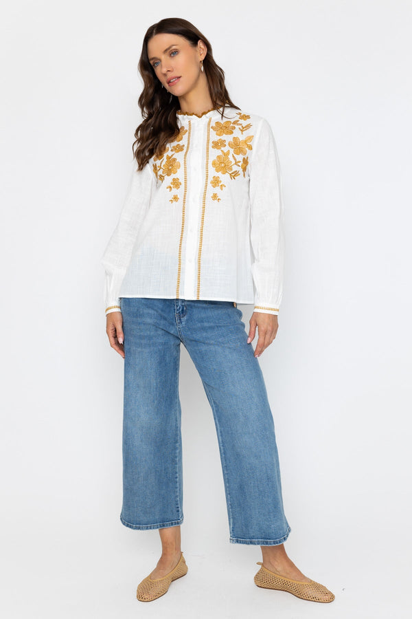 Carraig Donn White Long Sleeve Blouse with Floral Embroidery