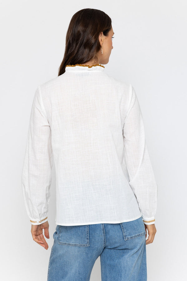 Carraig Donn White Long Sleeve Blouse with Floral Embroidery
