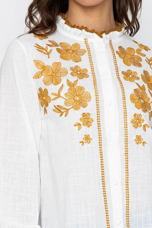 Carraig Donn White Long Sleeve Blouse with Floral Embroidery