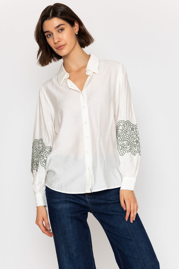 Carraig Donn White Long Sleeve Shirt with Khaki Embroidery