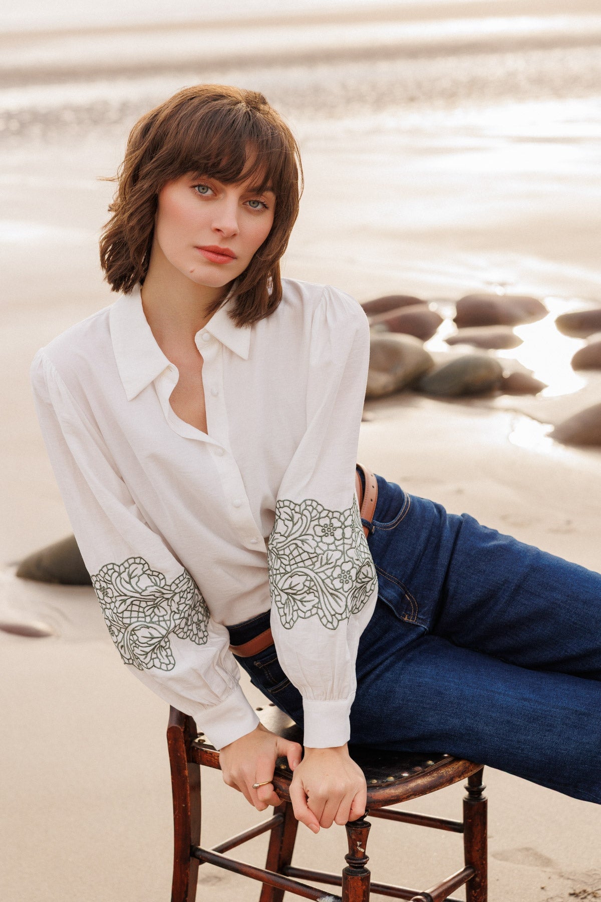 White Long Sleeve Shirt with Khaki Embroidery