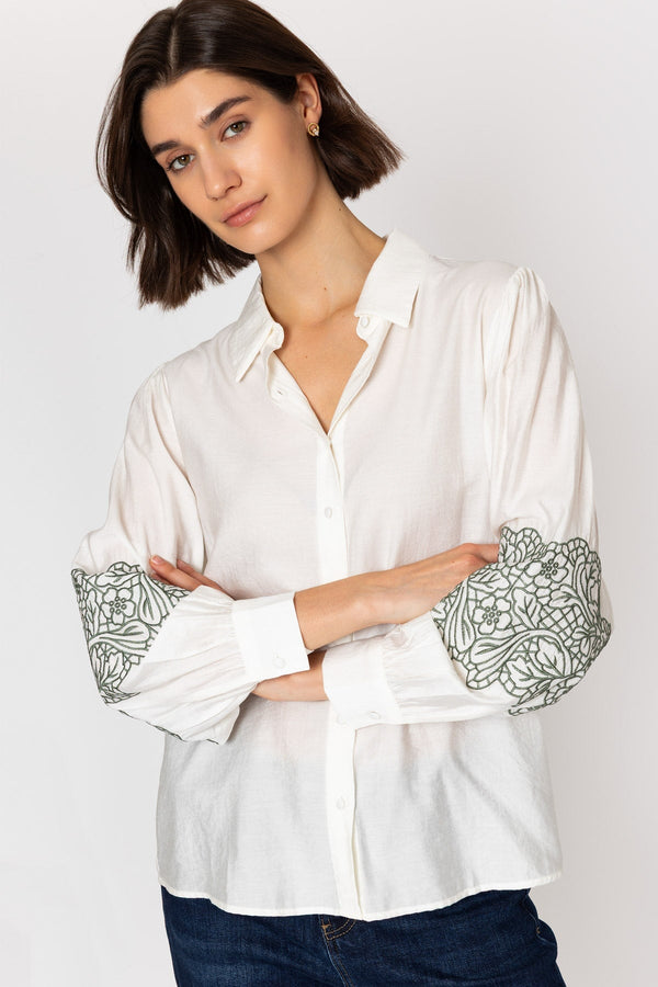 Carraig Donn White Long Sleeve Shirt with Khaki Embroidery
