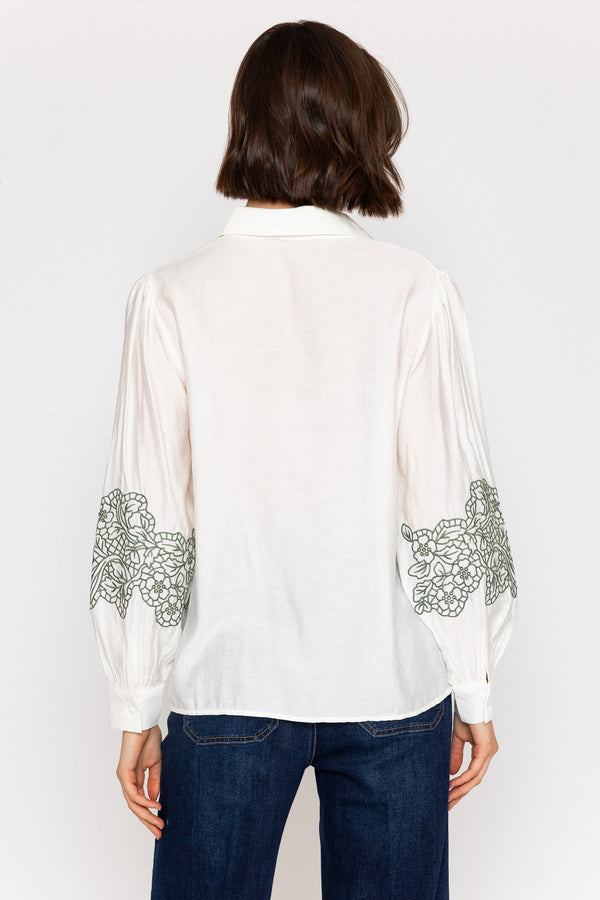 Carraig Donn White Long Sleeve Shirt with Khaki Embroidery