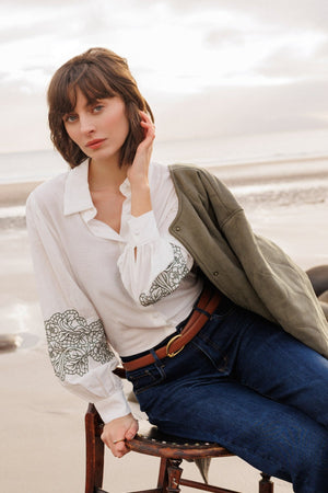 Carraig Donn White Long Sleeve Shirt with Khaki Embroidery