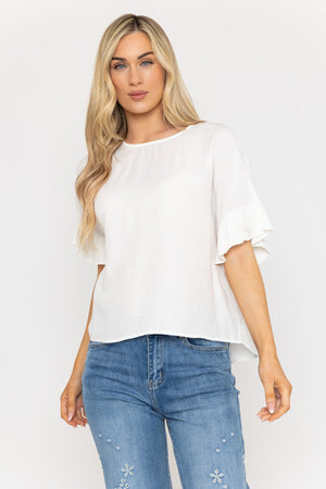 Carraig Donn White Loose Fit Top with Ruffle Sleeves