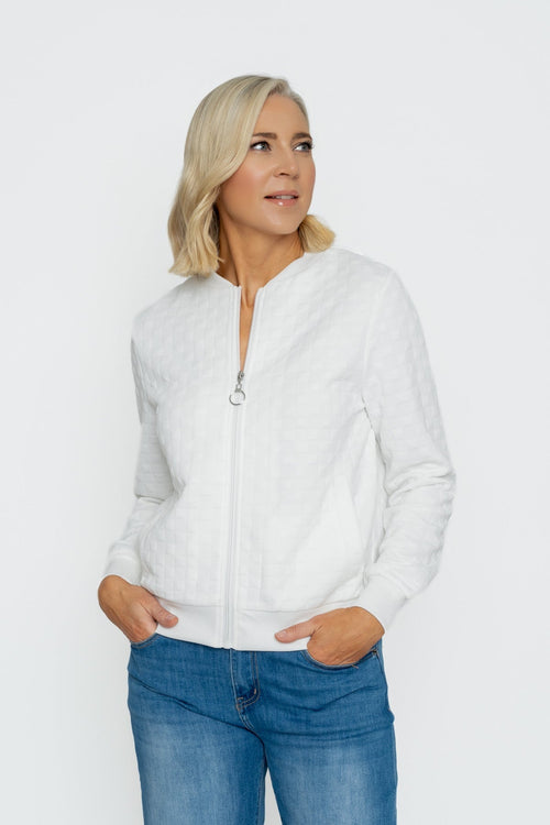 White Textured Jersey Bomber Jacket