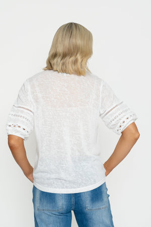 Carraig Donn White V-Neck Top With Lace Sleeve Detail