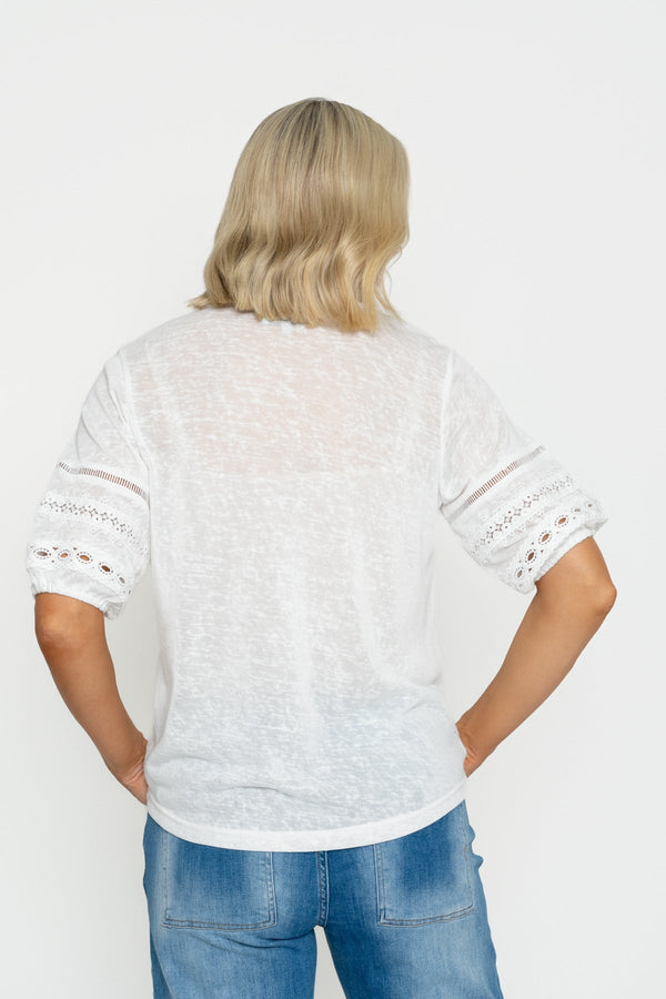 Carraig Donn White V-Neck Top With Lace Sleeve Detail