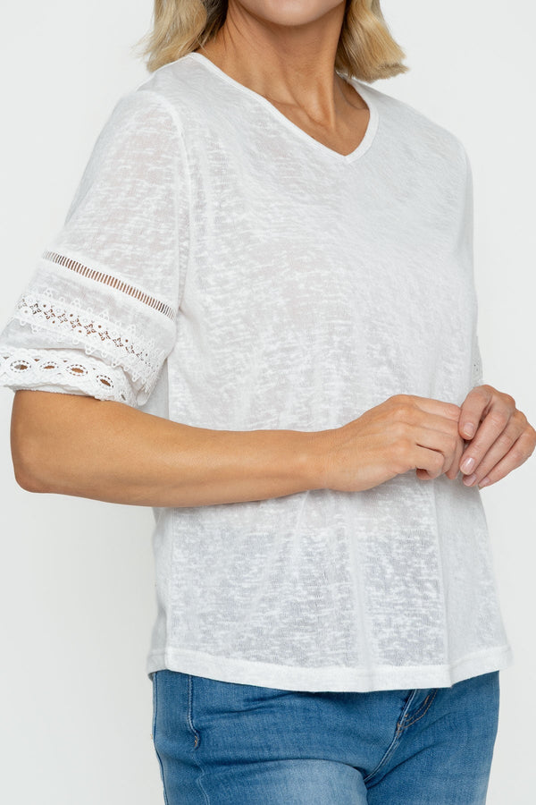 Carraig Donn White V-Neck Top With Lace Sleeve Detail