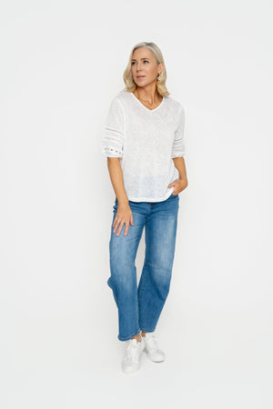 Carraig Donn White V-Neck Top With Lace Sleeve Detail