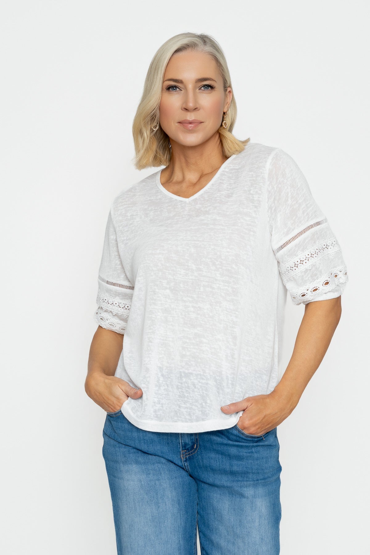 White V-Neck Top With Lace Sleeve Detail