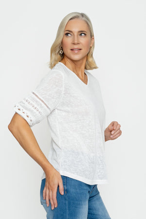 Carraig Donn White V-Neck Top With Lace Sleeve Detail