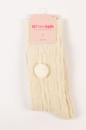 Wool Blend Pom Pom Socks in Cream