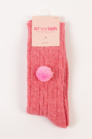 Wool Blend Pom Pom Socks in Pink