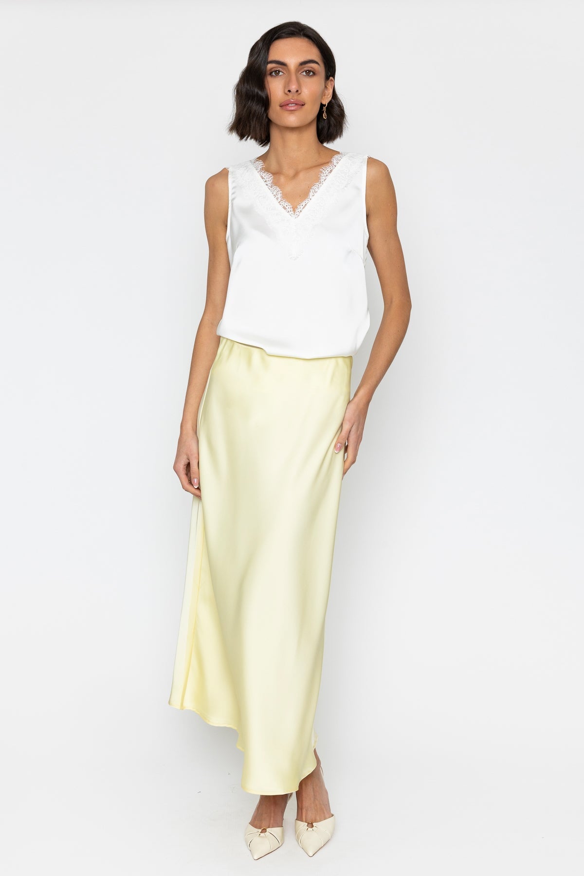 Yellow Lemon Satin Midi Skirt