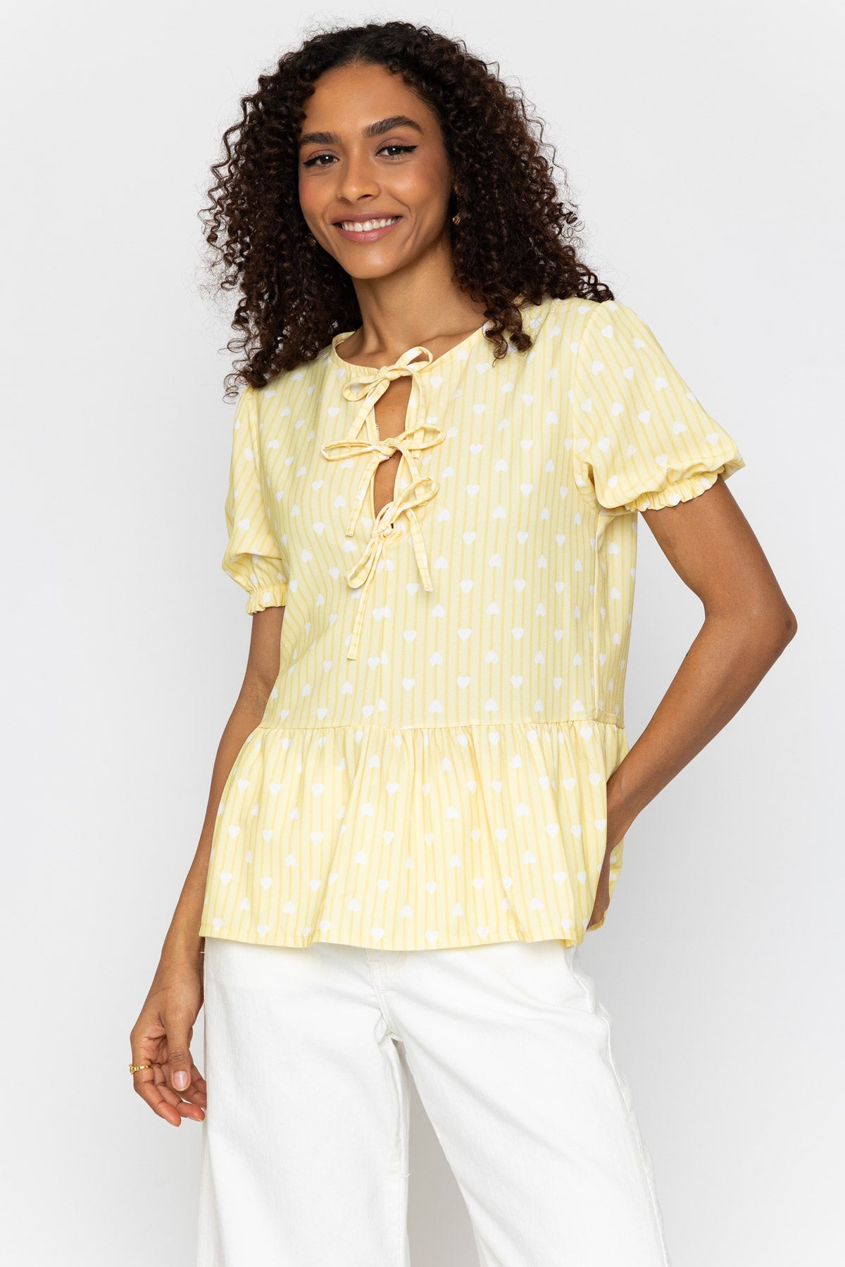 Yellow Peplum Tie Short Sleeve Top