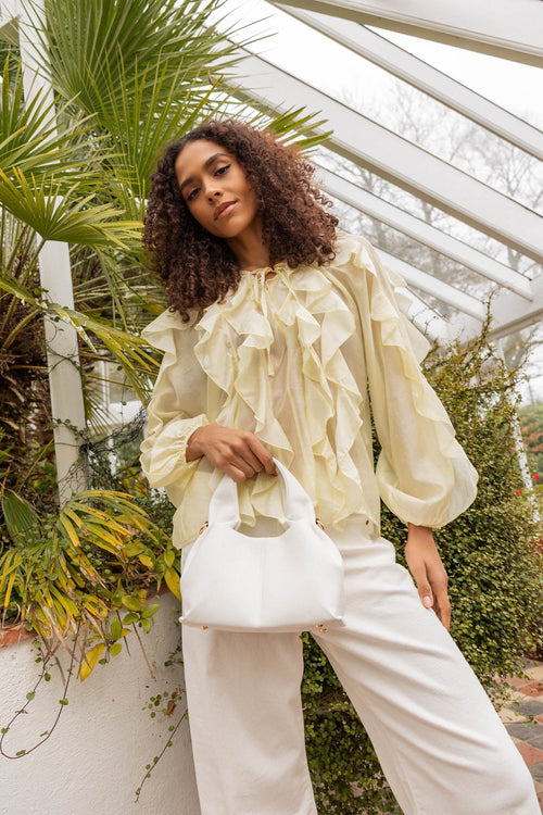 Yellow Tie Neck Ruffle Blouse