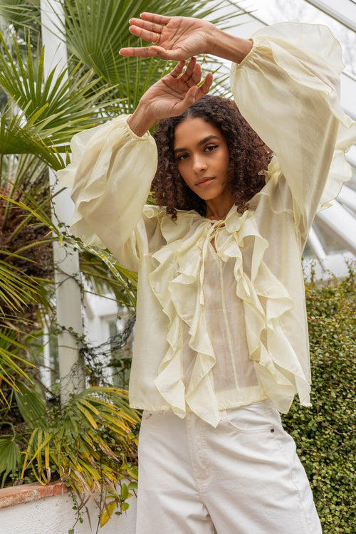 Carraig Donn Yellow Tie Neck Ruffle Blouse
