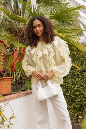 Carraig Donn Yellow Tie Neck Ruffle Blouse