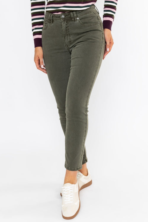 Carraig Donn Celine Khaki Cotton Stretch High Waist Straight Leg Jeans