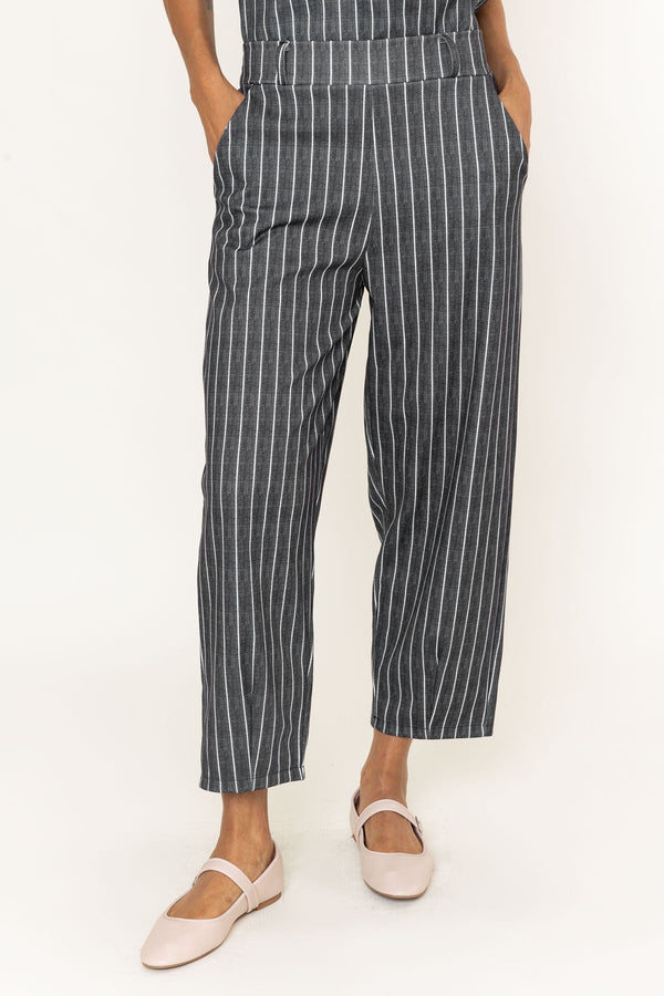 Carraig Donn Charcoal Black Striped Cropped Barrel Leg Trousers