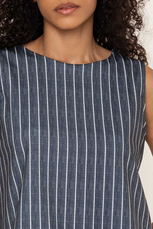 Carraig Donn Charcoal Black Striped Sleeveless Round Neck Button Back Top
