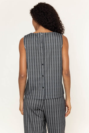Carraig Donn Charcoal Black Striped Sleeveless Round Neck Button Back Top