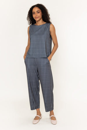 Carraig Donn Charcoal Black Striped Sleeveless Round Neck Button Back Top