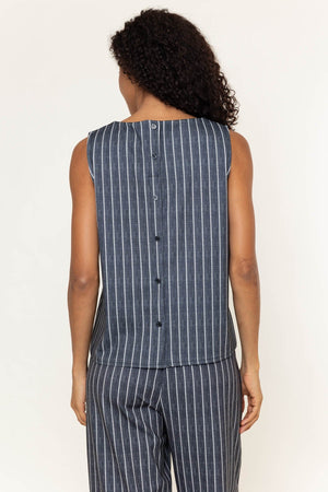 Carraig Donn Charcoal Black Striped Sleeveless Round Neck Button Back Top