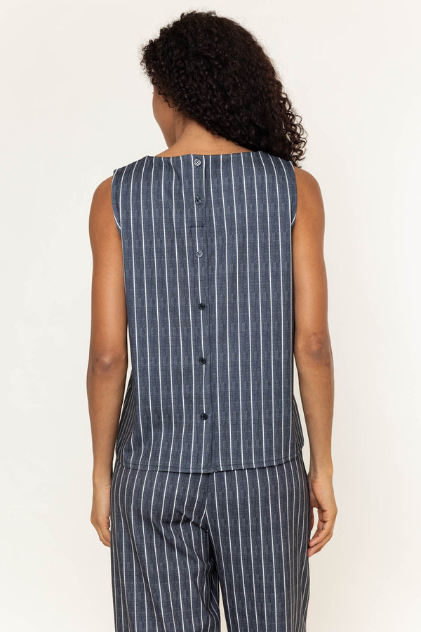 Carraig Donn Charcoal Black Striped Sleeveless Round Neck Button Back Top