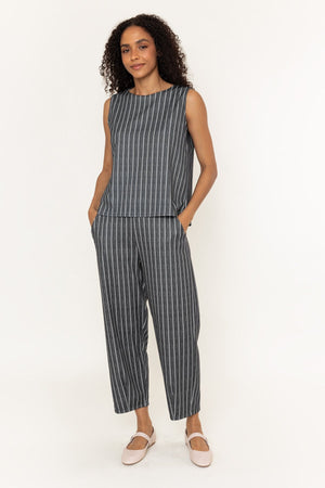 Carraig Donn Charcoal Black Striped Sleeveless Round Neck Button Back Top