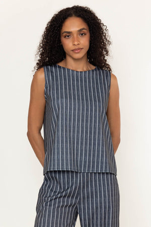 Carraig Donn Charcoal Black Striped Sleeveless Round Neck Button Back Top