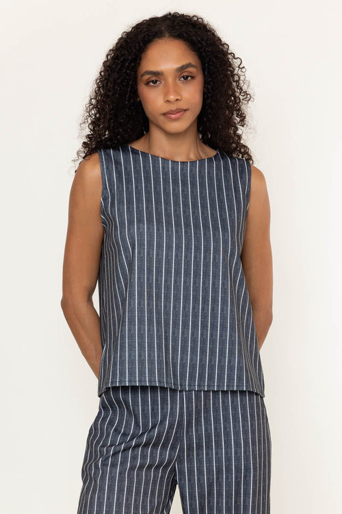 Charcoal Black Striped Sleeveless Round Neck Button Back Top