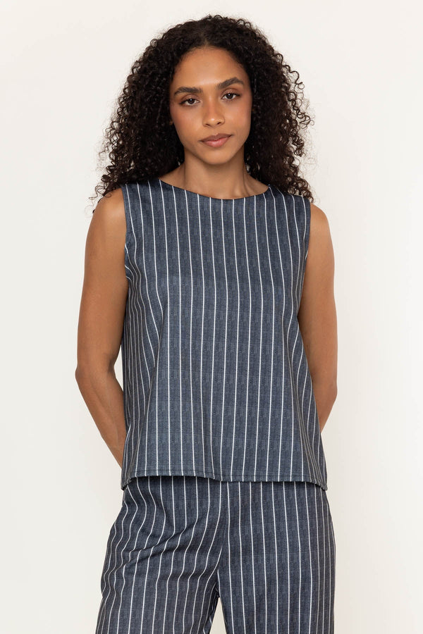 Carraig Donn Charcoal Black Striped Sleeveless Round Neck Button Back Top