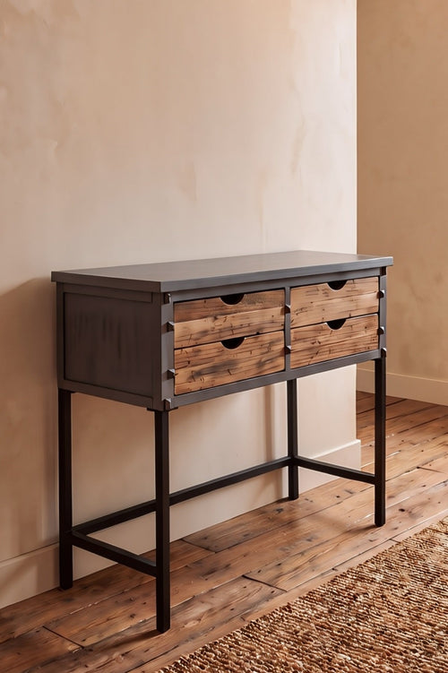 Brown Charles 4 Drawer Wood & Iron Console Table