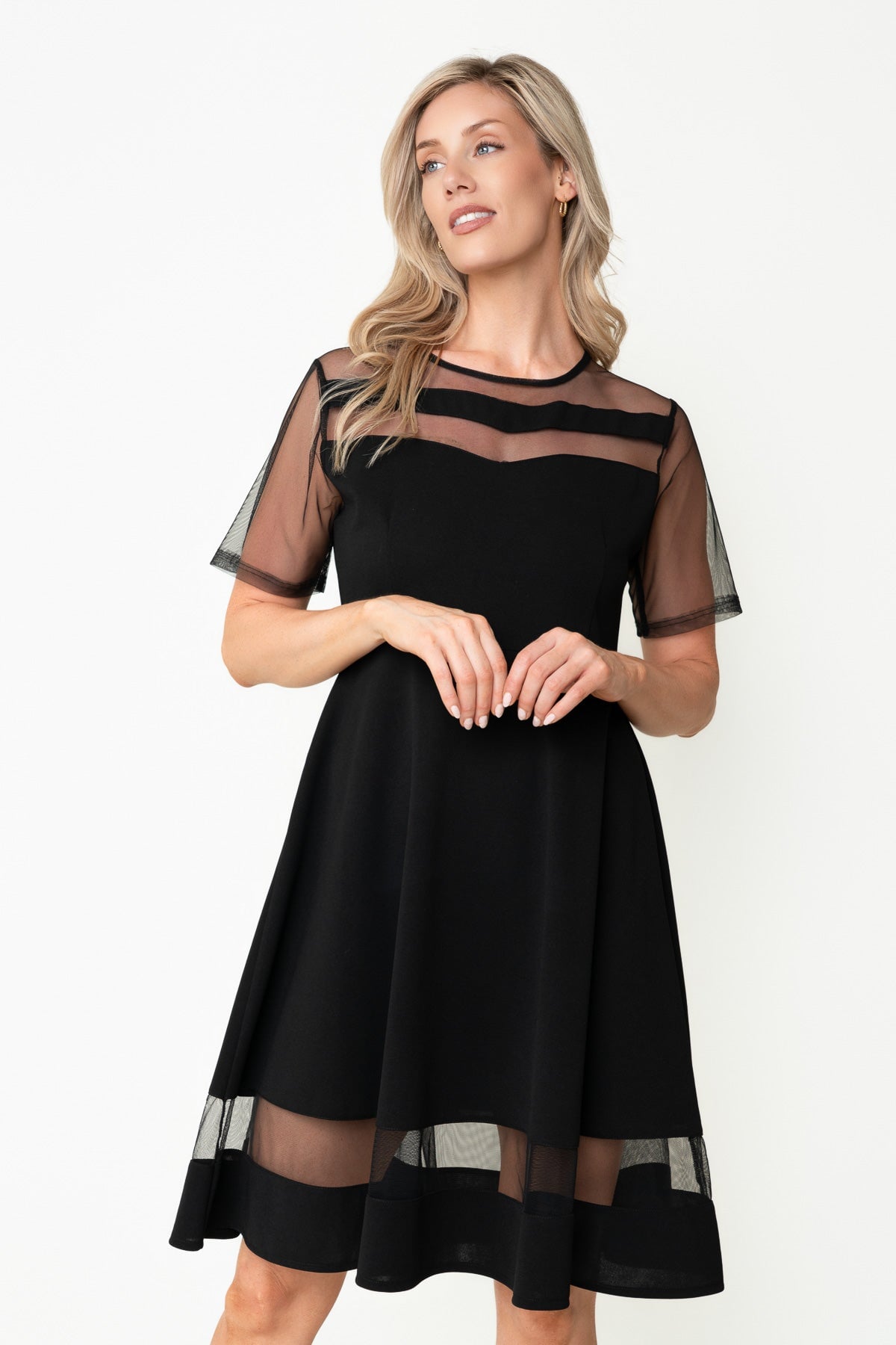 Charlie Black Mesh Paneling A-Line Short Sleeve Knee Length Dress