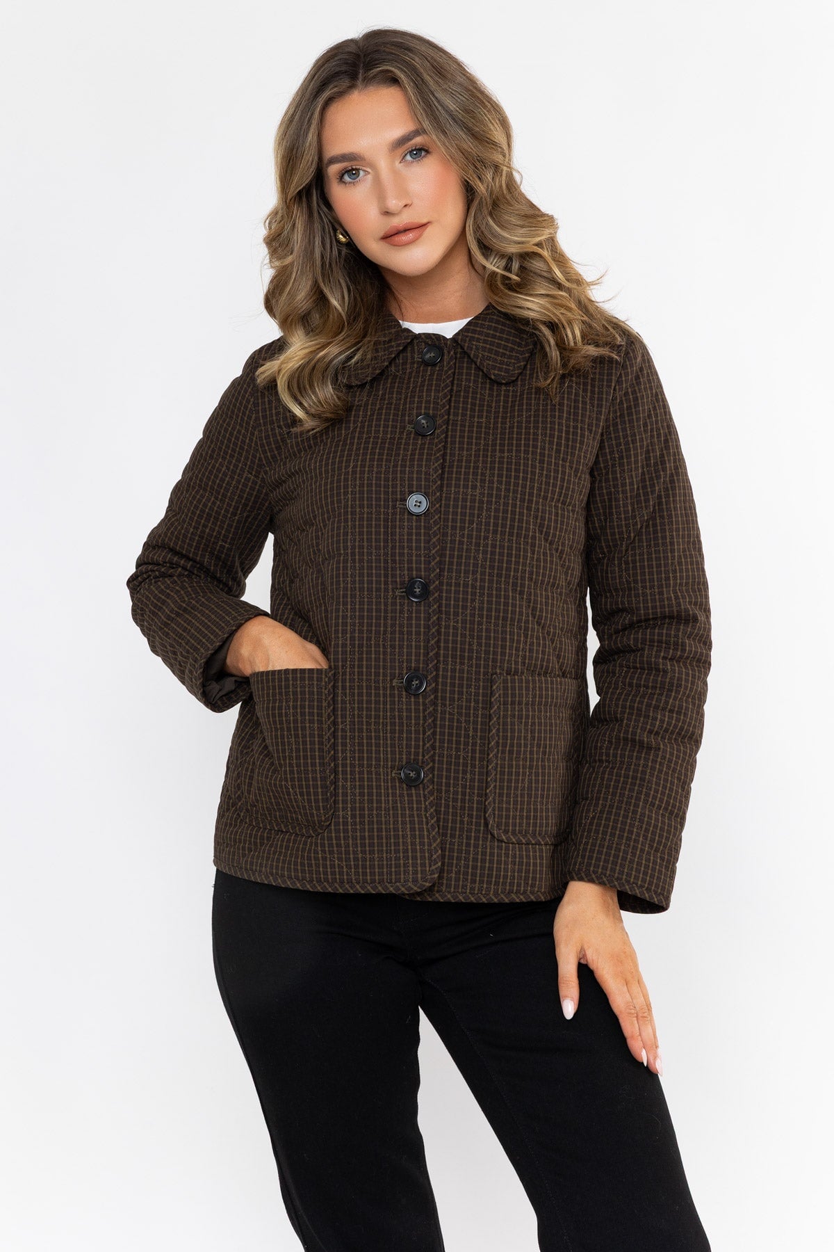 Brown & Plum Checked Quilted Long Sleeve Jacket