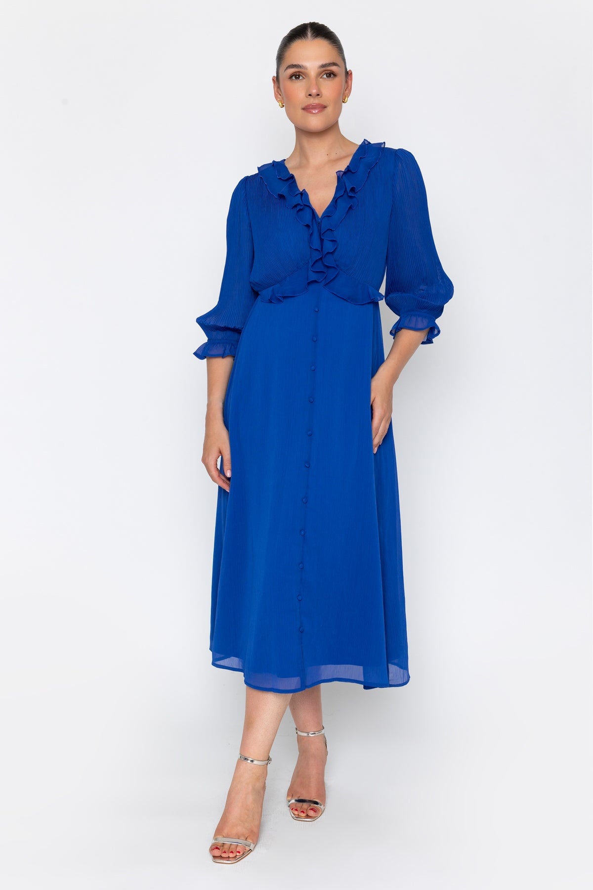Blue Chiffon A-Line Ruffled 3/4 Sleeve Midi Dress