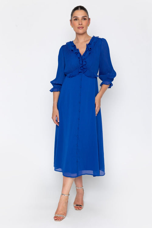Blue Chiffon A-Line Ruffled 3/4 Sleeve Midi Dress