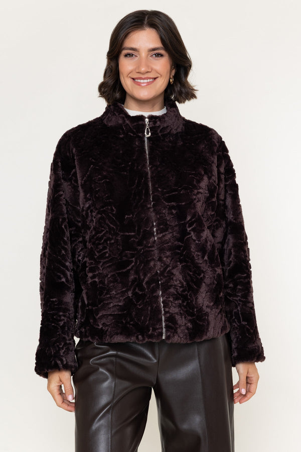 Carraig Donn Chocolate Brown Textured Faux Fur Button Short Jacket