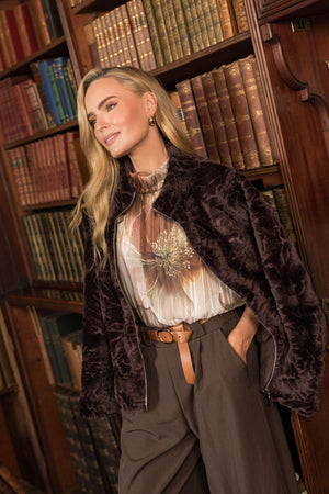 Carraig Donn Chocolate Brown Textured Faux Fur Button Short Jacket