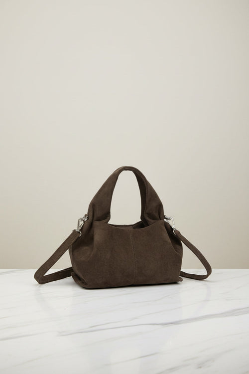 Chocolate Faux Suede Pleated Top Handle Bag
